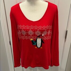 Large Onque Casuals Red Long Sleeve Tee with Penguin Design